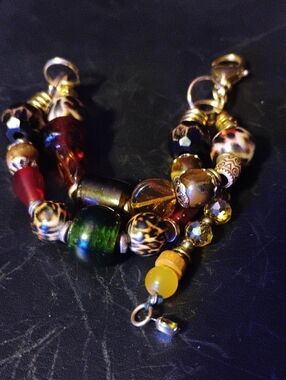 Hand Crafted Multicolor Beaded Bracelet - Green, Amber, Brown